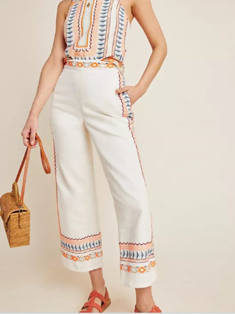 NWT Anthropologie Islander Embroidered Pants Linen Blend Beachy Boho Size 6